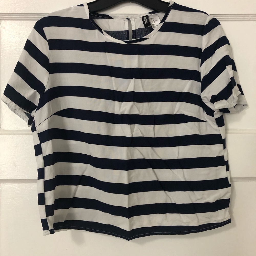 Divided Navy Blue and White Striped Cropped Shirt